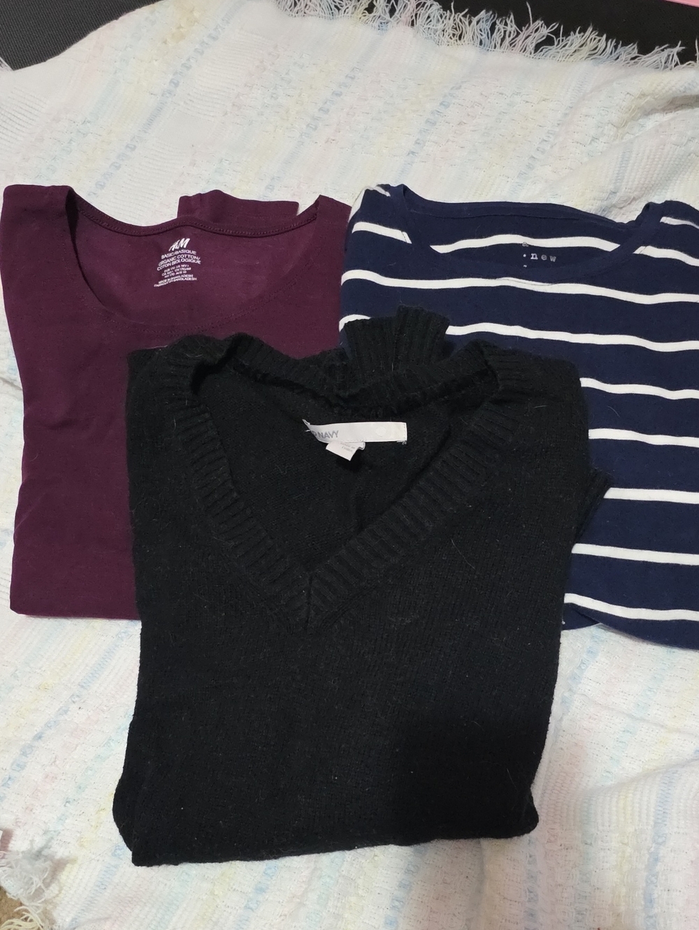 Black V-Neck Sweater W/ Burgundy Tee & Navy Striped Top - 3 Tops, Small / XS
